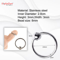 Technical specifications of it'spleaZure steel delay ring showing 2.8cm inner diameter and 8mm bead size