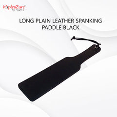 A long, plain leather spanking paddle in black, with a small tied string at one end.