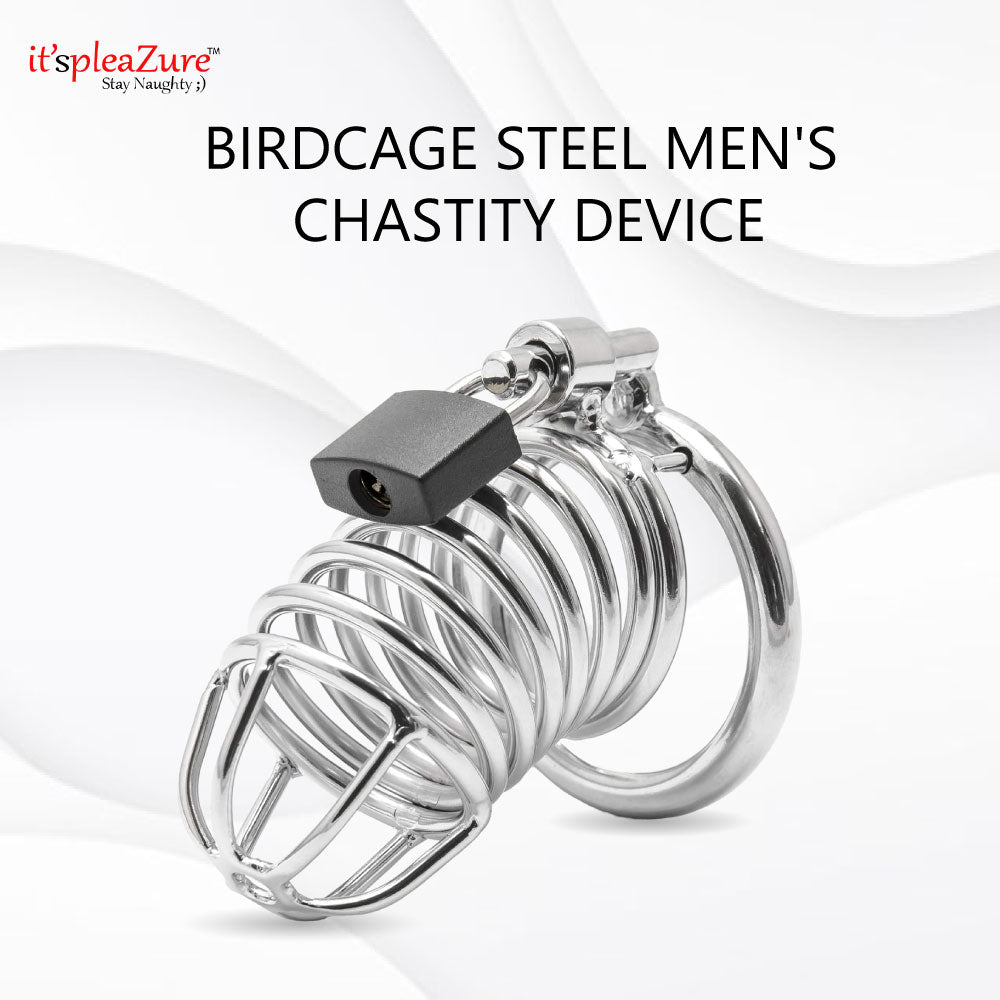 Birdcage steel men's chastity device on a white background with 'it's pleaZure' branding.