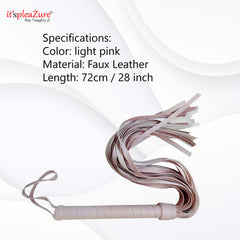 Light pink faux leather flogger with specifications on a white background