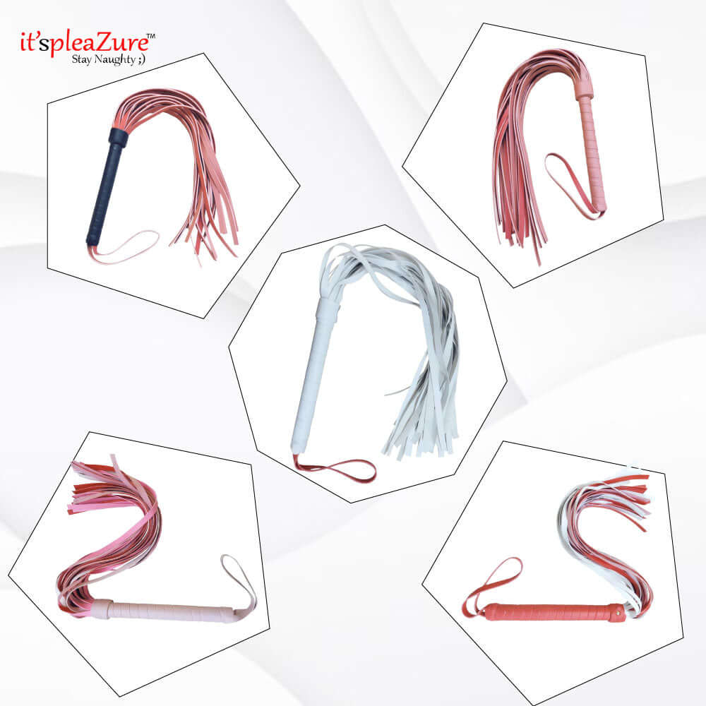 Collection of flogger products with 'it's pleaZure' branding on a white background