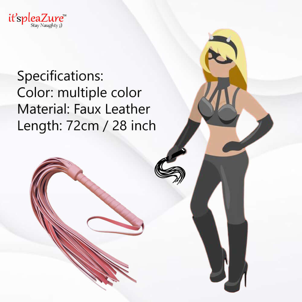 Faux leather product with specifications and a model wearing it on a white background.