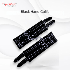 Black hand cuffs with studded details on a white background, featuring the brand 'it's pleazure'.