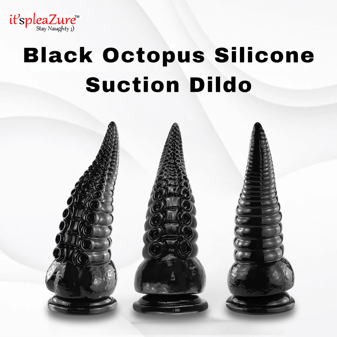 Black octopus silicone suction dildo with 'it'spleazure' branding on a white background