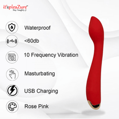 Red and rose pink electronic device with features listed on a white background