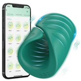 A green silicone penis massager with a sleek design, shown alongside a smartphone displaying its control app.