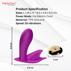 Product specs for Fox Show Panty Vibrator - TPE silicone, 10 speeds, corded power, and compact design.