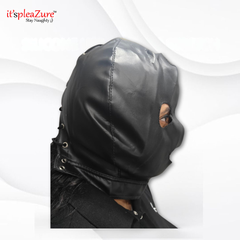 Black leather hood with lace-up details on a white background, featuring the brand 'Kaamastra'.
