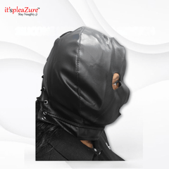 Black leather hood with lace-up details on a white background, featuring the brand 'Kaamastra'.