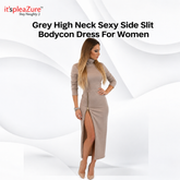 ItspleaZure's Taupe High-Neck Slit Midi Dress - Free Size | Fitted Long-Sleeve Style