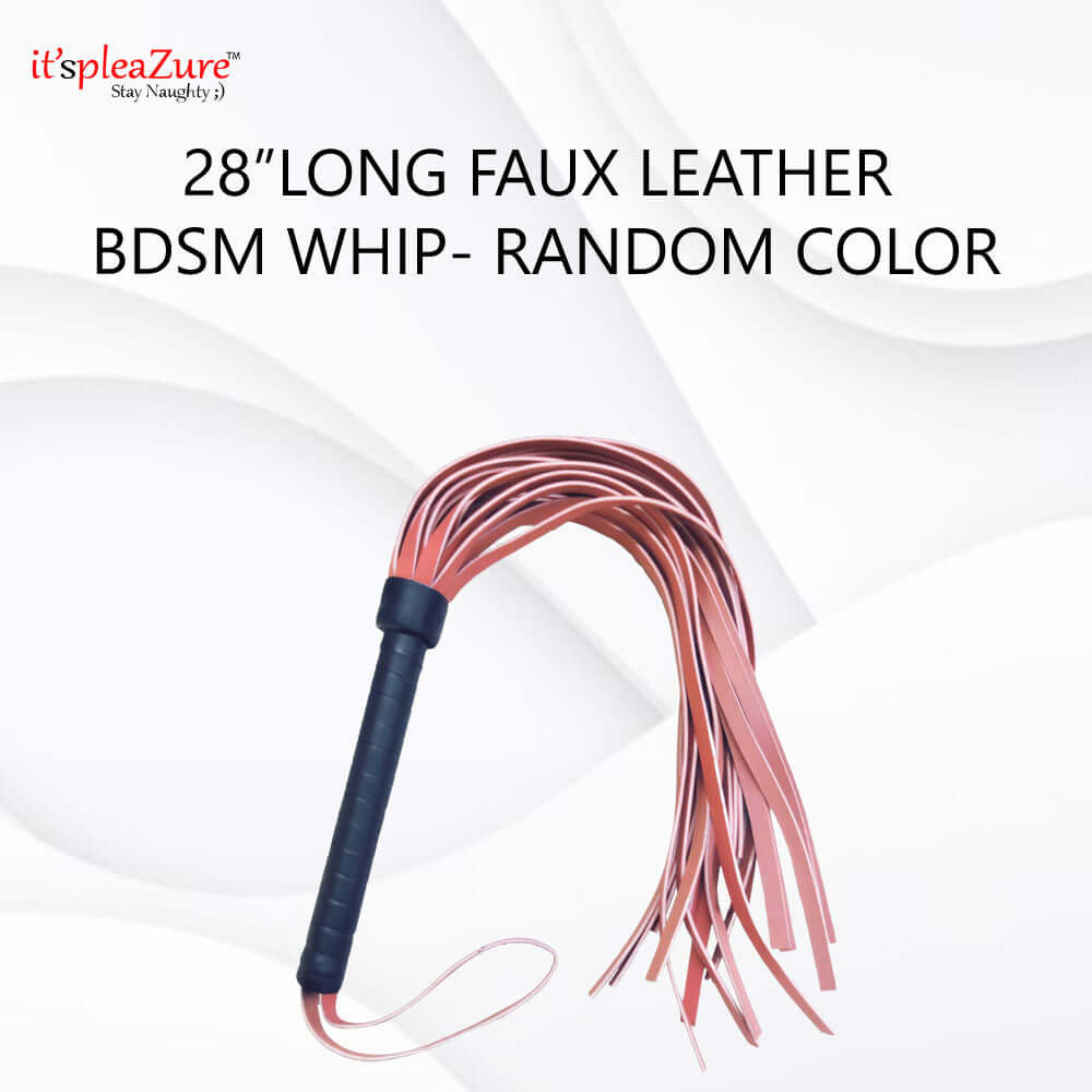 28-inch faux leather BDSM whip with pink and black colors on a white background, featuring the 'it's pleaZure' brand.