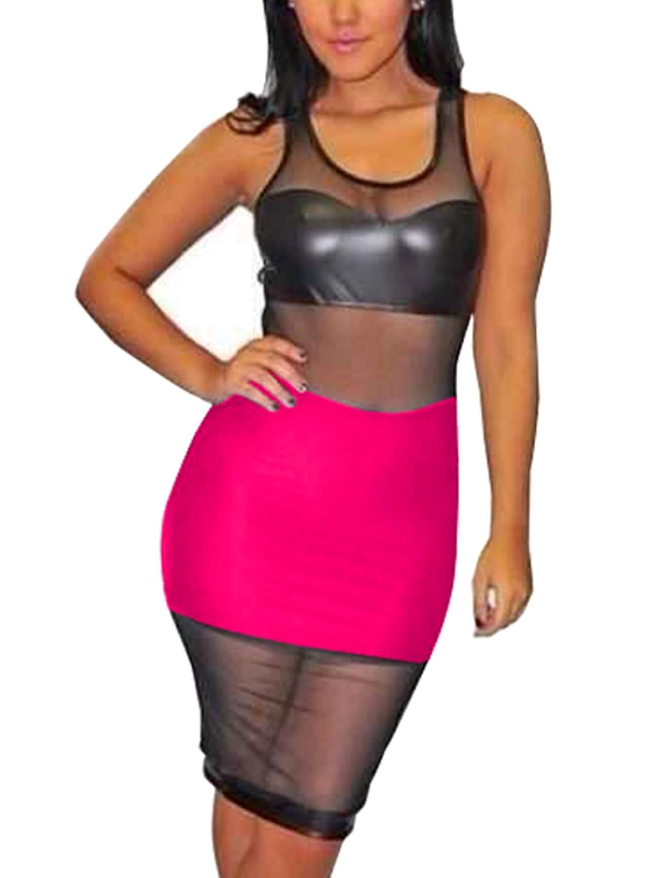 A model wearing a black and pink mini party dress with an off-shoulder top.