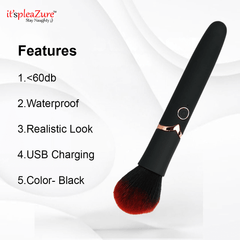 Feature list for the itspleaZure vibrating makeup brush: quiet, waterproof, realistic, USB charging, black