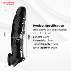 it'spleaZure Black Men's Penis Sleeve product specifications, including length, insertable size, and stretchability