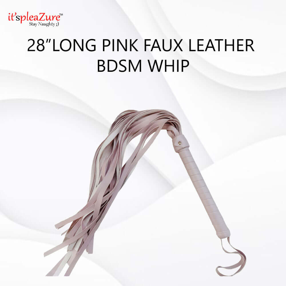 Pink faux leather BDSM whip on a white background with 'it's pleaZure' branding.