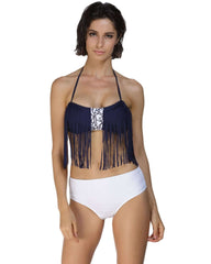 This image displays the Itspleazure Blue & White Tassel Bikini Set for women. The bikini set features a halter neck top in a rich navy blue color, adorned with long, flowing tassels that add a playful touch to the design.