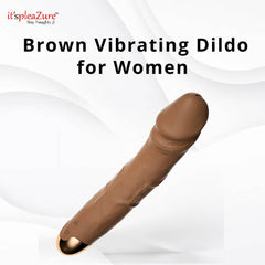 Brown vibrating dildo for women on a white background with 'it's pleaZure' branding.
