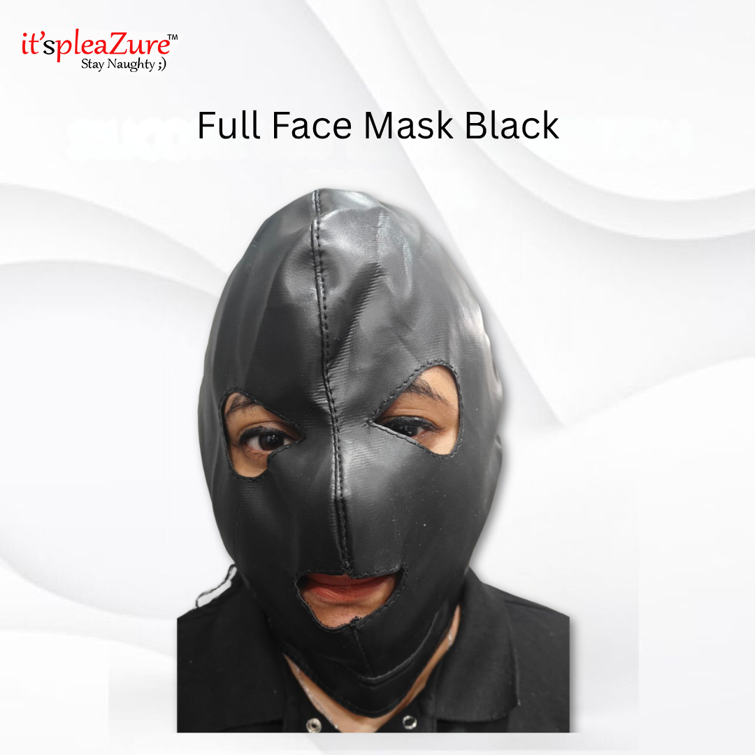Black full-face mask on a white background with 'it'spleazure' branding.