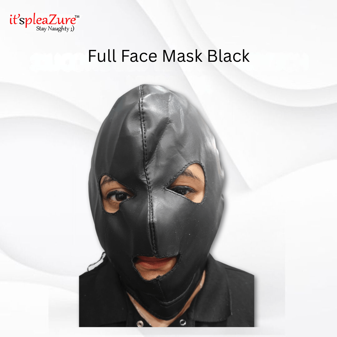 Black full-face mask on a white background with 'it'spleazure' branding.