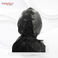 Black leather hood with lace-up front on a white background, featuring 'it'spleaZure' branding.