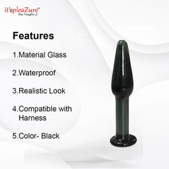 Black glass product with features listed on a white background