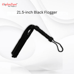 Black flogger with a hook on a white background, branded 'it's pleazure'.