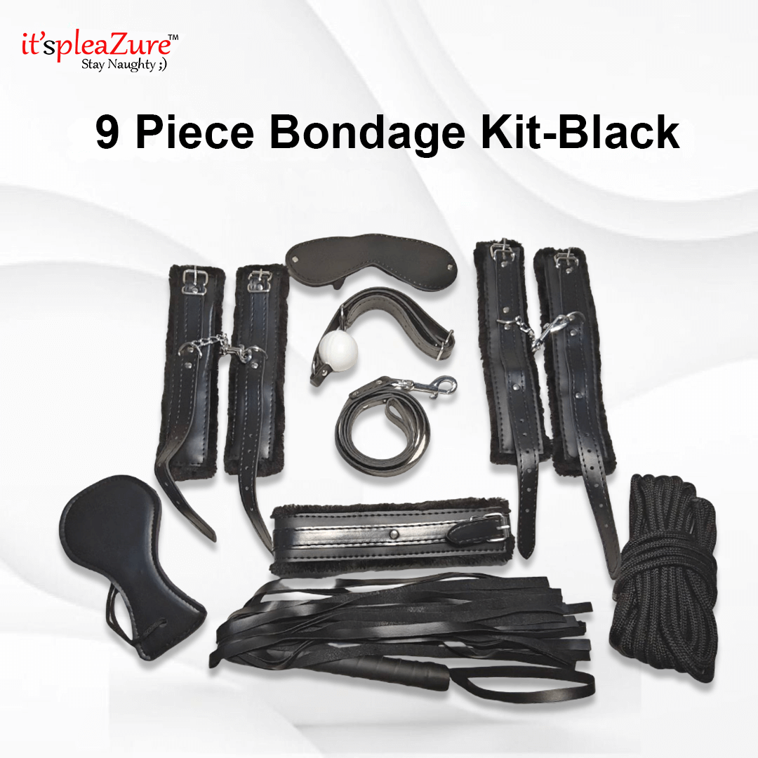 it'spleaZure 9-Piece Black Bondage Kit with "Stay Naughty" branding