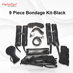 it'spleaZure 9-Piece Black Bondage Kit with "Stay Naughty" branding