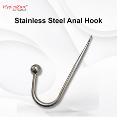Stainless steel anal hook on a white background with 'it's pleazure' branding.