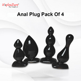 Pack of four black anal plugs on a white background with 'it's pleAZure' branding.