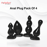 Pack of four black anal plugs on a white background with 'it's pleAZure' branding.