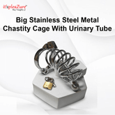 Big Stainless Steel Metal Chastity Cage with Urinary Tube on a white background, featuring 'it'spleaZure' branding.