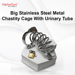 Big Stainless Steel Metal Chastity Cage with Urinary Tube on a white background, featuring 'it'spleaZure' branding.