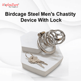 Birdcage steel men's chastity device with lock on a white surface, featuring the brand 'it's pleaZure'.