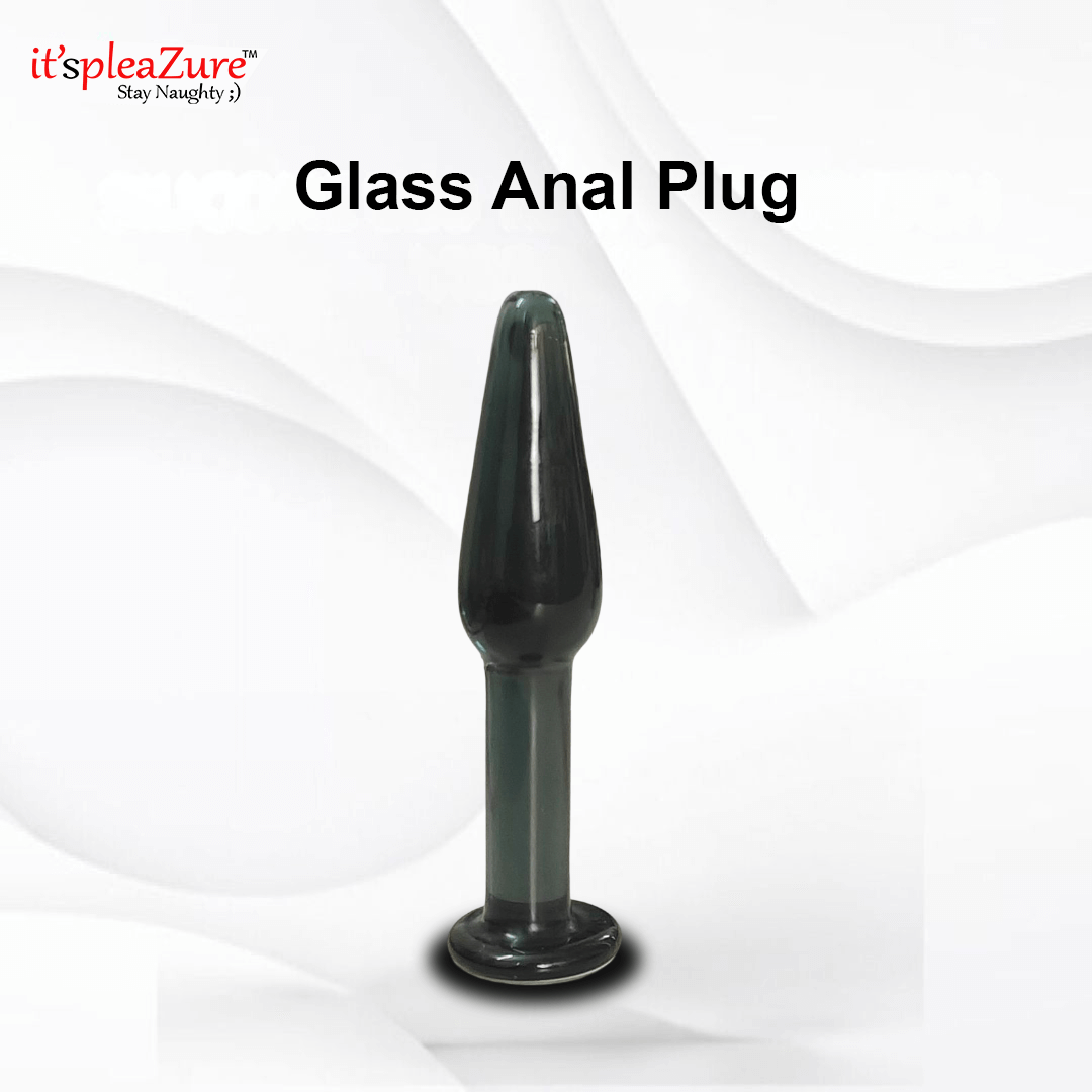 Glass anal plug with 'it's pleazure' branding on a white background