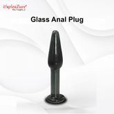 Glass anal plug with 'it's pleazure' branding on a white background