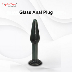 Glass anal plug with 'it's pleazure' branding on a white background