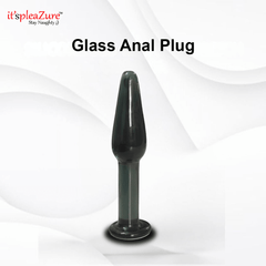 Glass anal plug with 'it's pleazure' branding on a white background