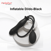 Black inflatable dildo with pump on a white background, branded 'it's pleazure'.