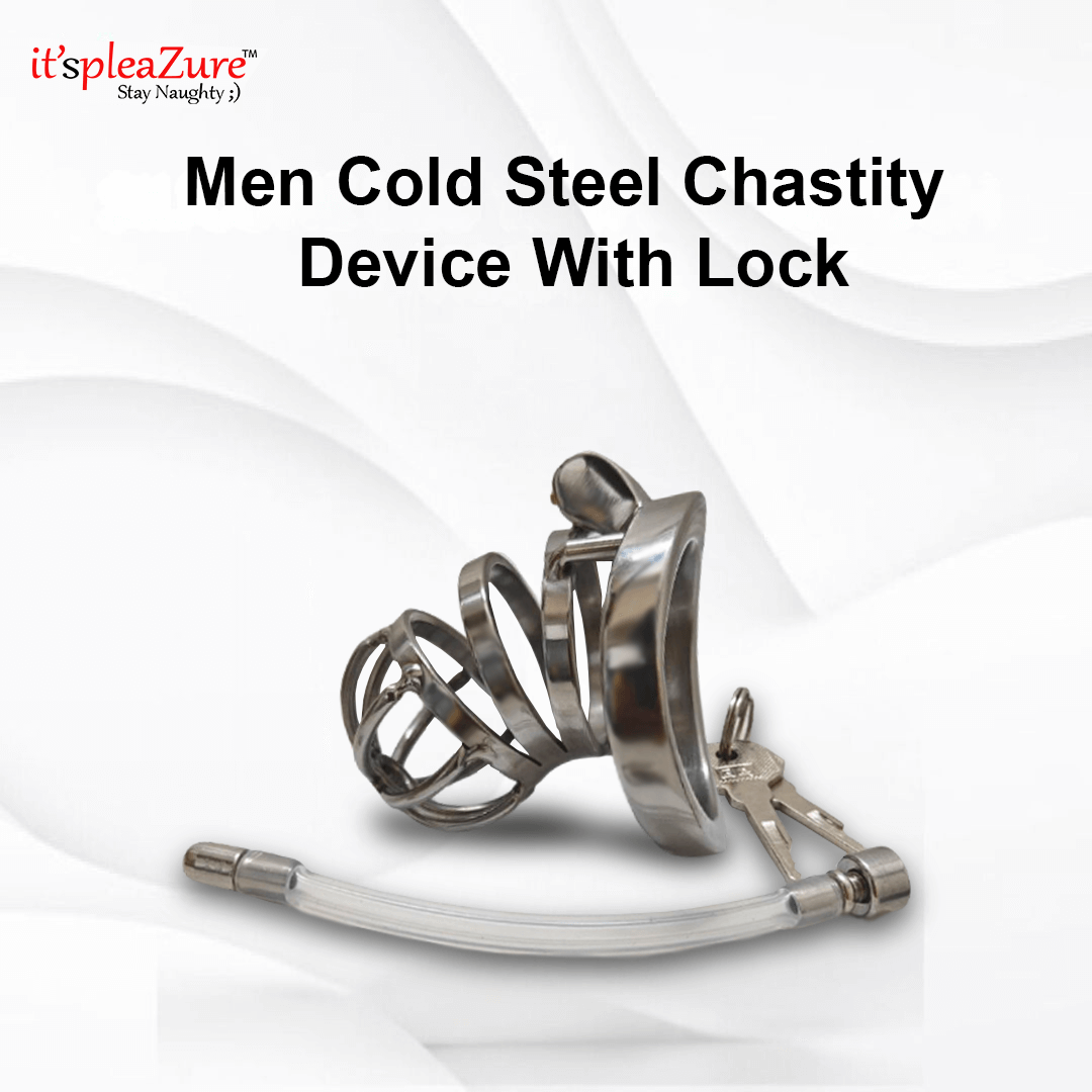 Men's cold steel chastity device with lock on a white background, featuring the 'it's pleazure' brand.