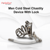 Men's cold steel chastity device with lock on a white background, featuring the 'it's pleazure' brand.