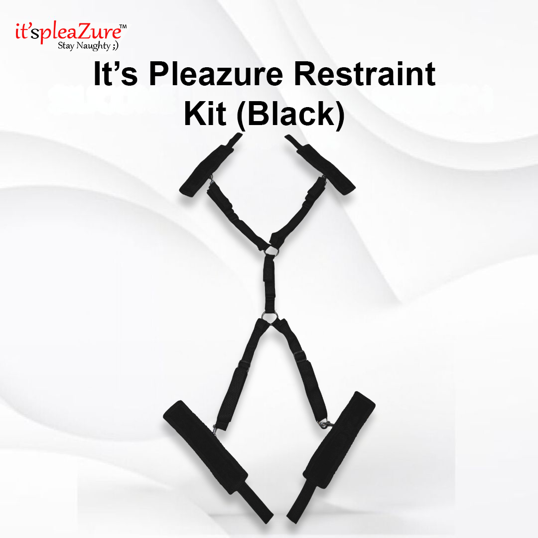Black restraint kit with 'It's Pleazure' branding on a white background