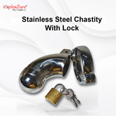 Stainless steel chastity device with lock on a white background, featuring the brand 'it's pleazure'.