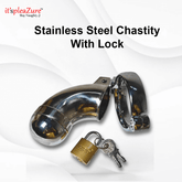Stainless steel chastity device with lock on a white background, featuring the brand 'it's pleazure'.