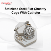 Stainless Steel Flat Chastity Cage with Catheter on a white background, featuring the 'it's pleazure' brand.
