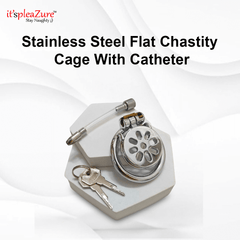 Stainless Steel Flat Chastity Cage with Catheter on a white background, featuring the 'it's pleazure' brand.