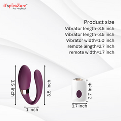 it’spleaZure U-Shape Panty Vibrator dimensions (3.5-inch length, 1-inch width) and remote size.