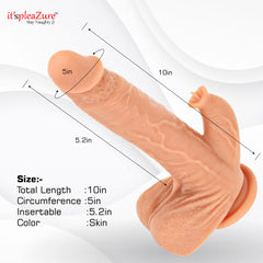Size details of vibrating suction dildo - 10 inches total, 5.2 inches insertable