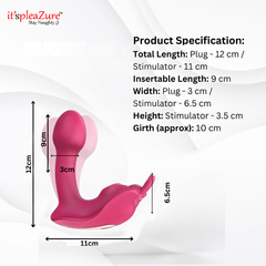 Size guide: 12cm plug (9cm insertable) and 11cm stimulator for it'spleaZure vibrator