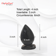 Black drop-shaped product with measurements on a white background, featuring 'it's pleAZure' branding.